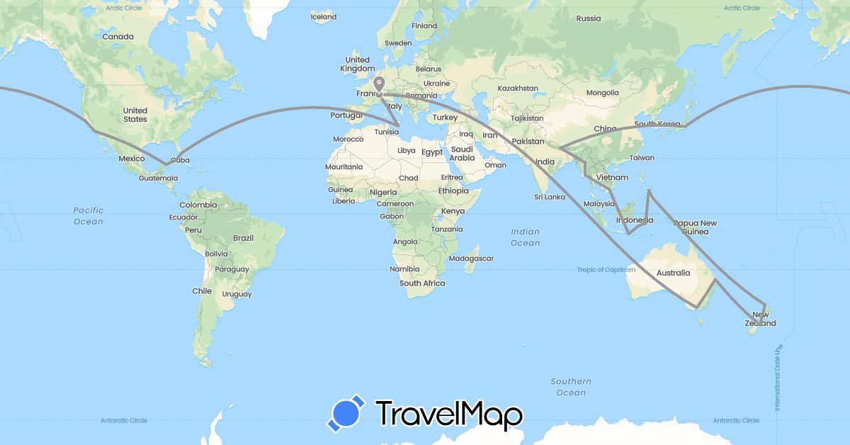 TravelMap itinerary: driving, plane in Australia, Switzerland, Cuba, Indonesia, Japan, Myanmar (Burma), Malta, Mexico, Nepal, New Zealand, Philippines, United States, Vietnam (Asia, Europe, North America, Oceania)